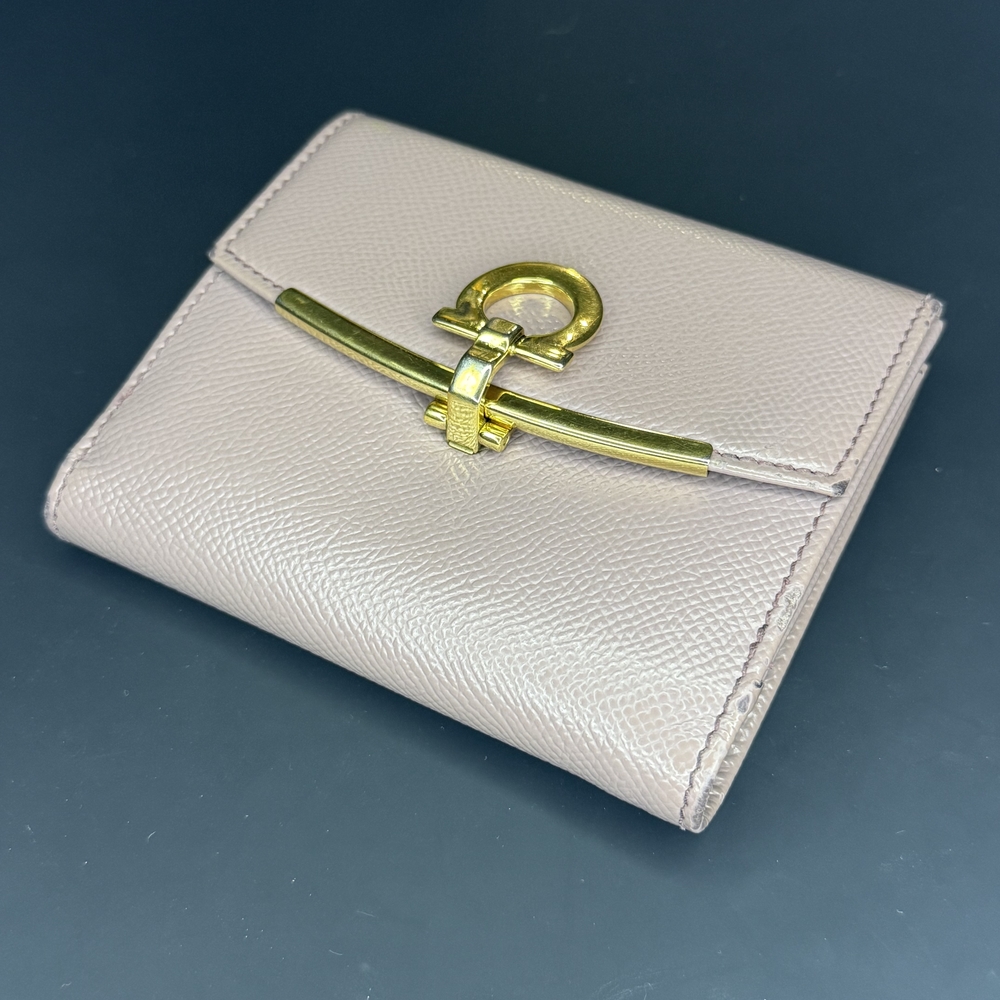 Salvatore Ferragamo Taupe Wallet with Gold Hardware